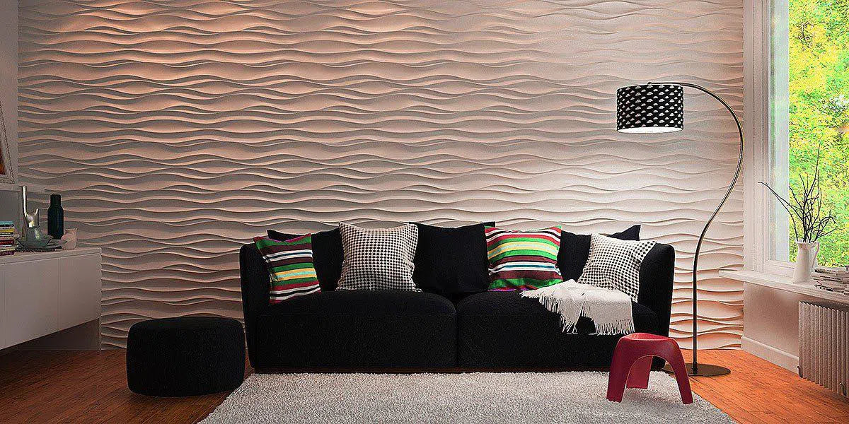 DESERT SAND Gypsum 3D Wall Panels white accent wall in living room interior DecorMania.eu
